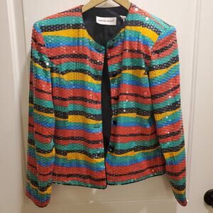 *Nipon Night* Silk Evening Jacket Bright Colors Beaded Clear Sequins Sz 8 Blazer
